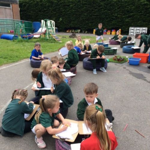 Reception children have enjoyed working outside in writing sessions this week. They have been writing their own snail stories, illustrating each page with either a flower, a tree or a log.