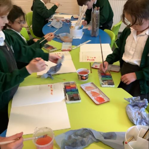 We have been practising our colour mixing skills in preparation for creating a landscape painting. We have been focusing this week on creating cold and warm colours to evoke feelings. Children enjoyed seeing the range of colours they could make.